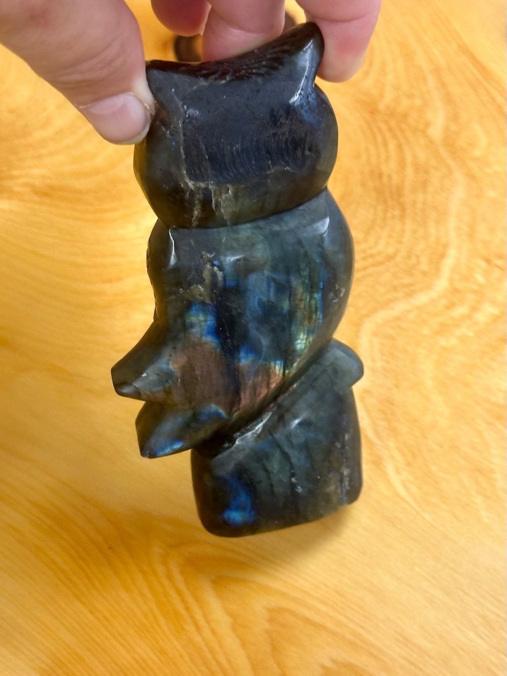 Handcarved Labradorite Owl Sculpture - Iridescent Blue-Green Home Accent
